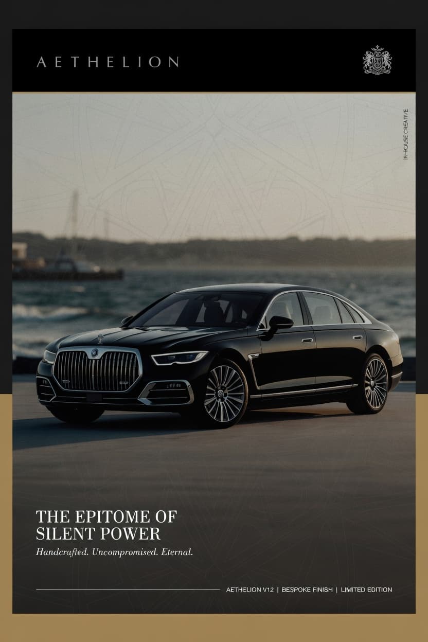 Aethelion luxury sedan brand campaign poster set against a waterfront backdrop.