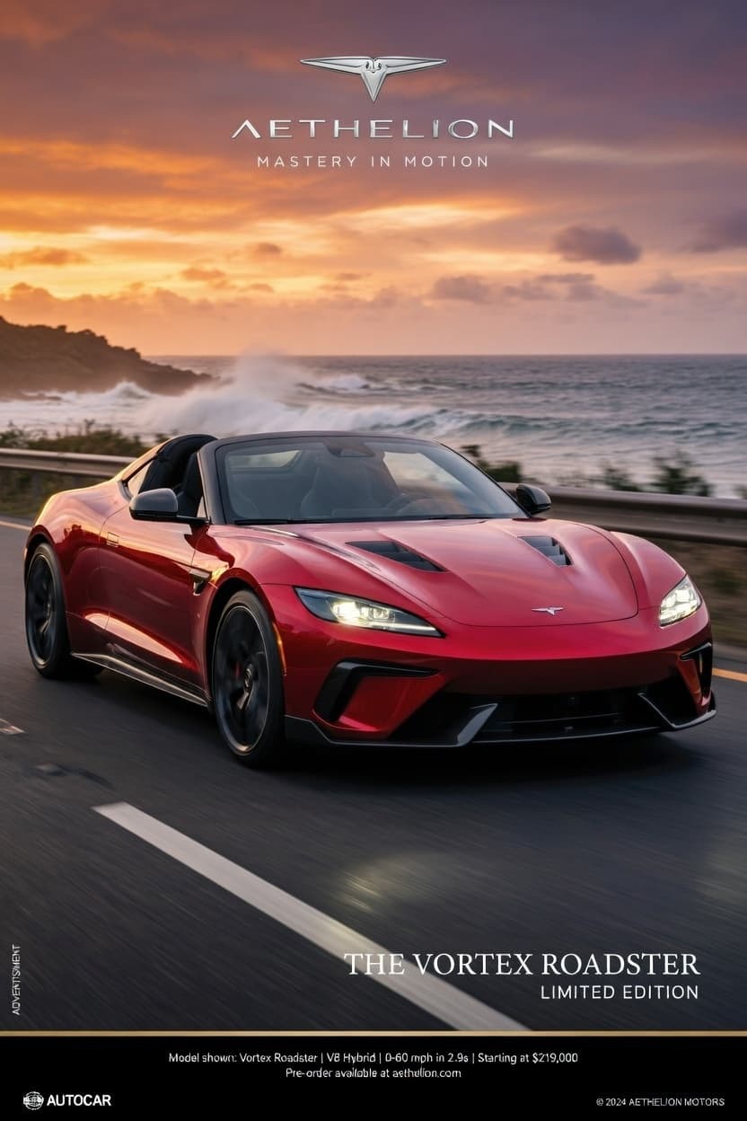 Aethelion Vortex Roadster campaign poster on a coastal road at sunset.