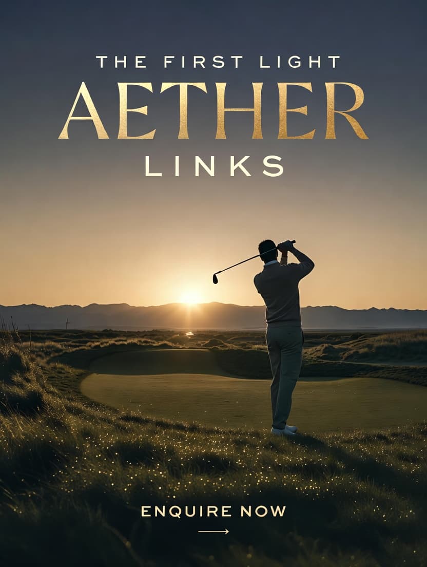 Aether Links brand visual featuring a golfer at sunrise on a private course.
