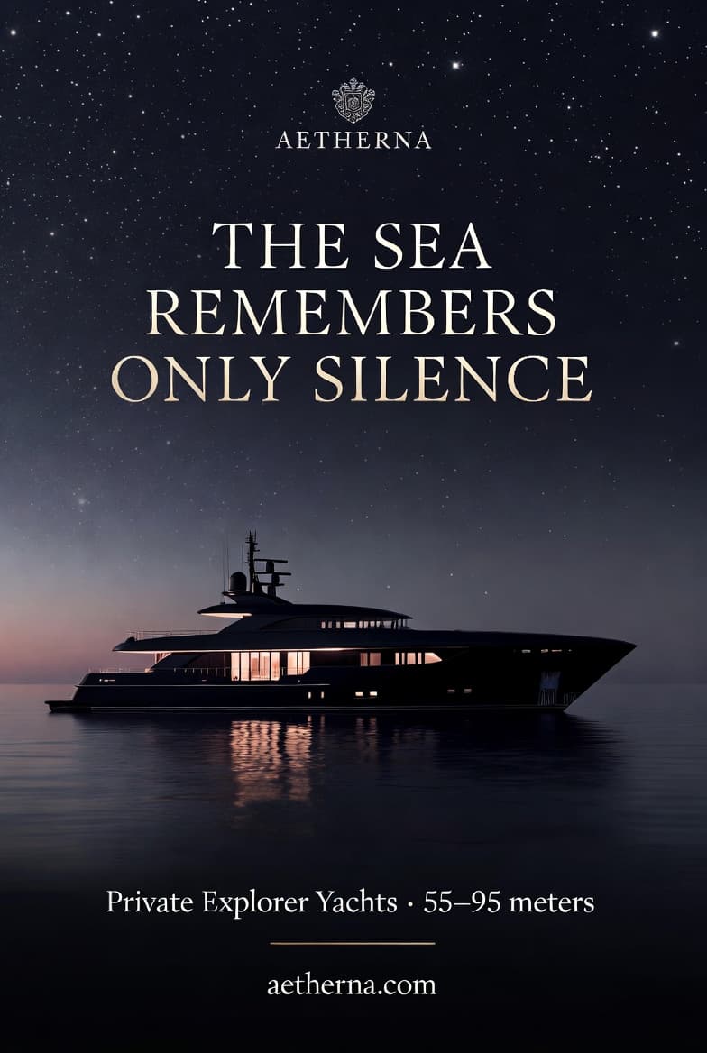 Aetherna maritime campaign poster showing a black explorer yacht at night on calm reflective water beneath a star-filled sky.