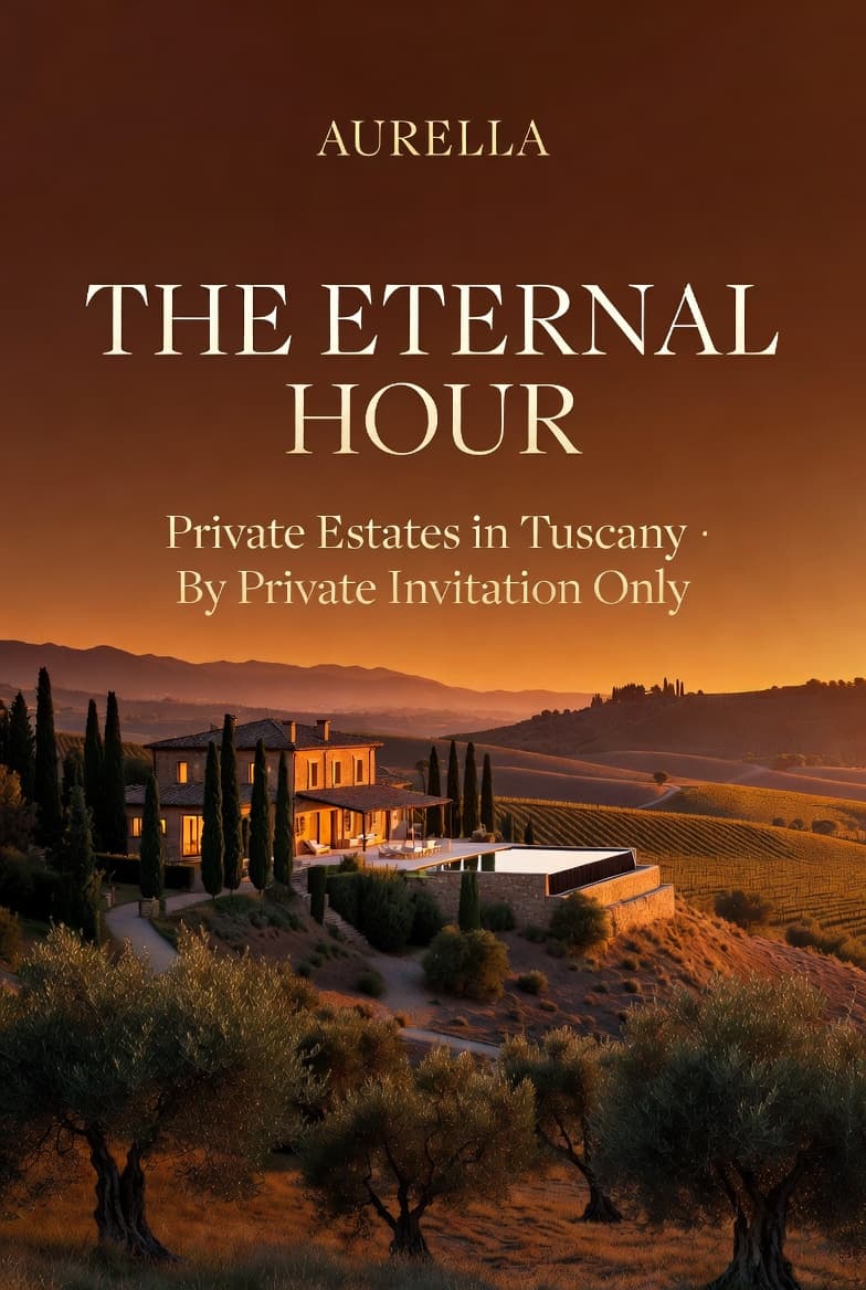 Aurella estate campaign poster showing a Tuscan villa at sunset surrounded by vineyards, cypress trees, and olive groves.