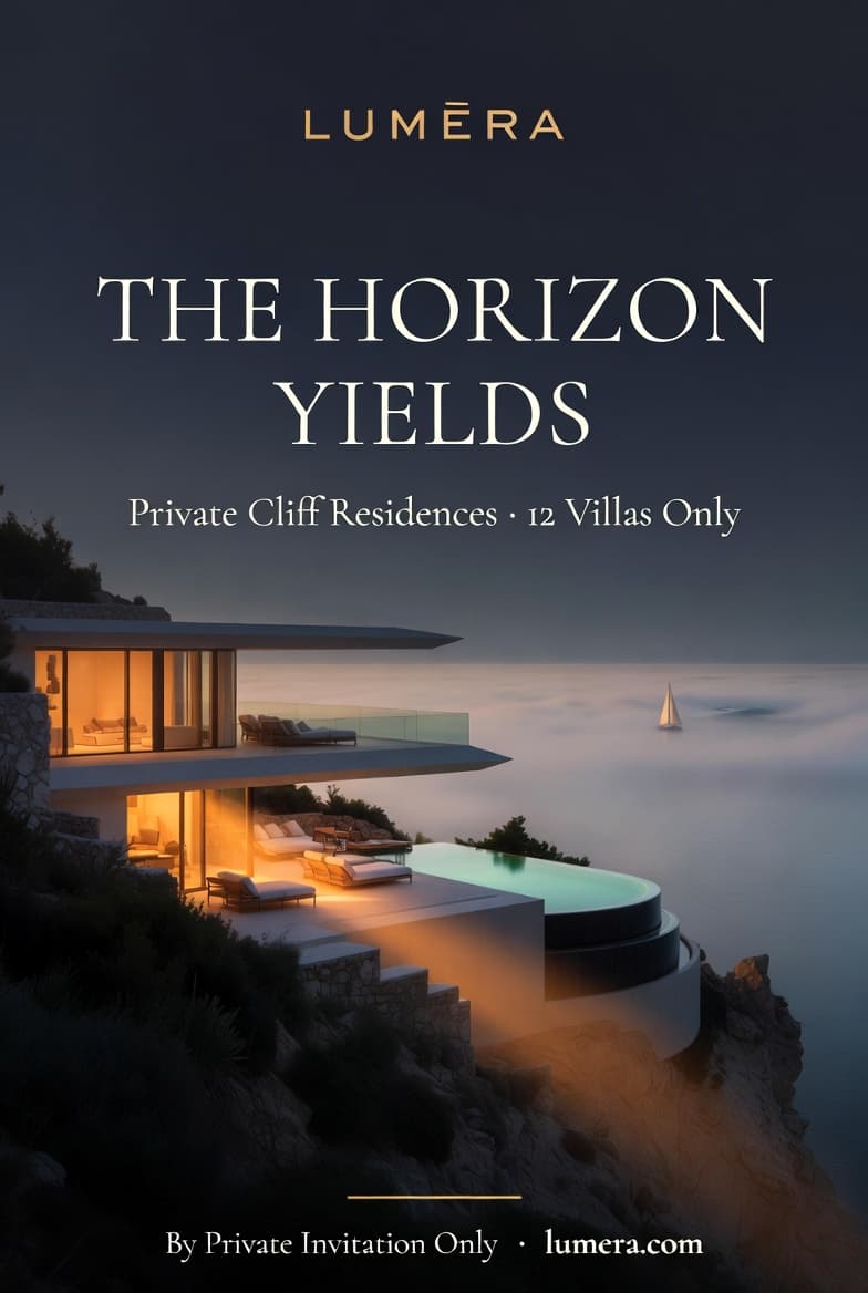 Lumera luxury property campaign poster showing a cliffside private residence at dusk above calm sea mist.