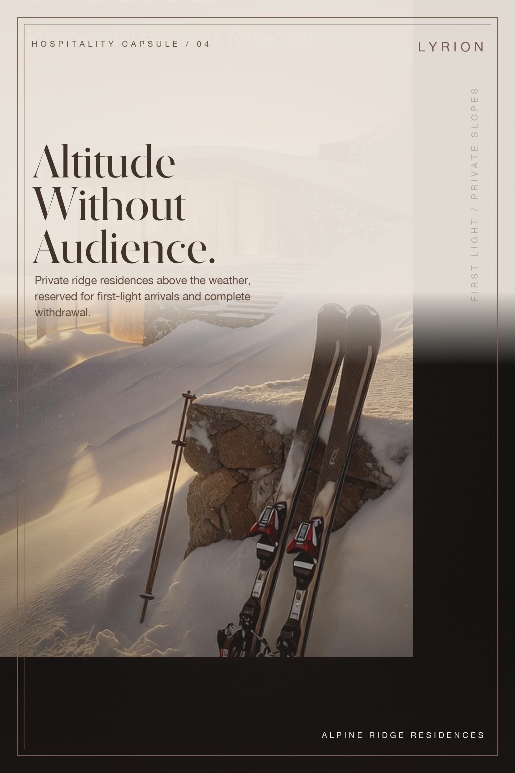 Lyrion alpine residences campaign poster showing a modern ridge house above a snowy mountain landscape.