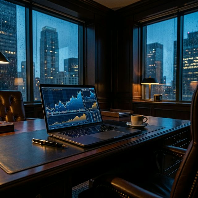Advanced revenue analytics and dynamic pricing intelligence displayed on a laptop in a luxury corner office at night